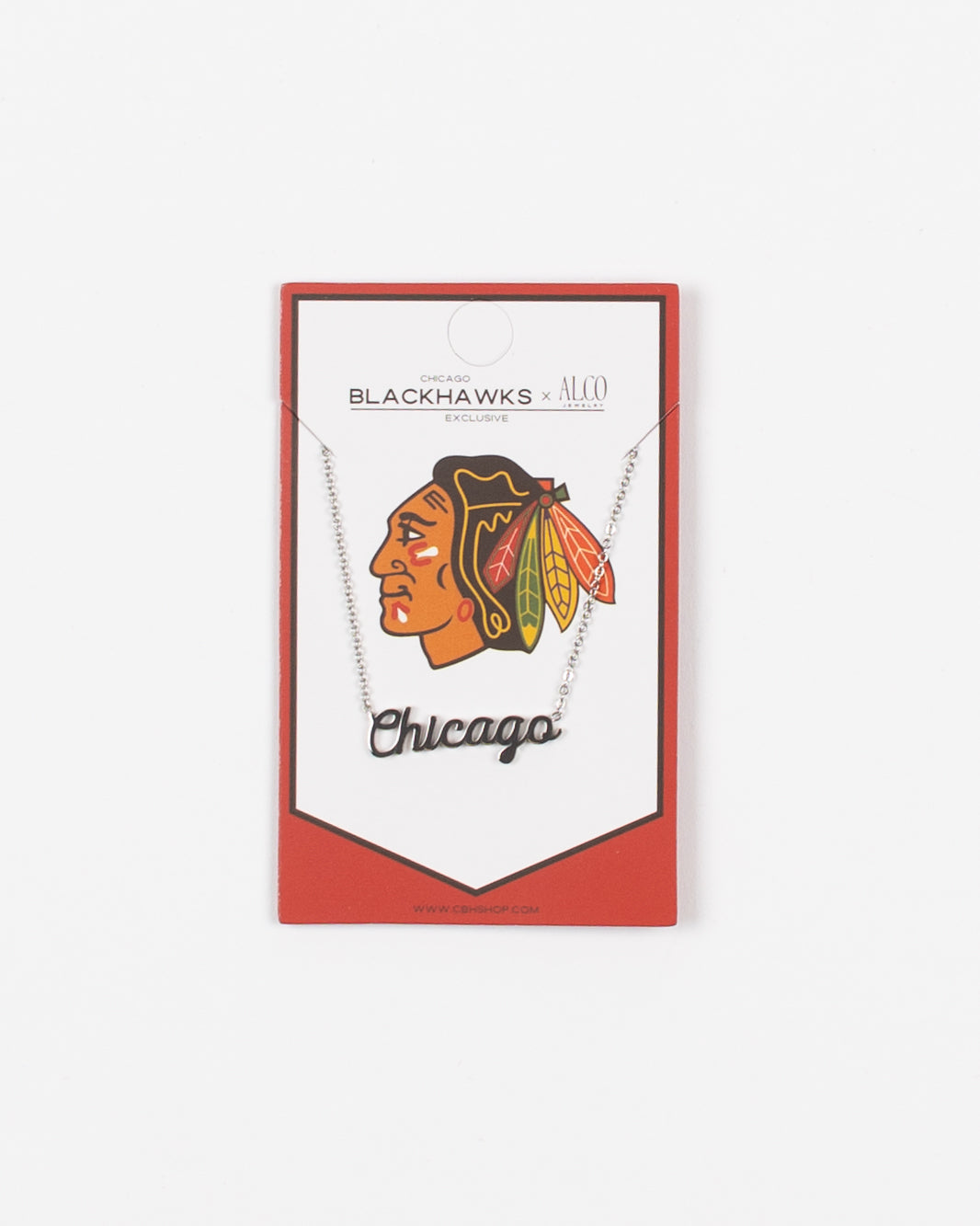 Alco stainless steel silver necklace with Chicago Blackhawks packaging and Chicago script pendant