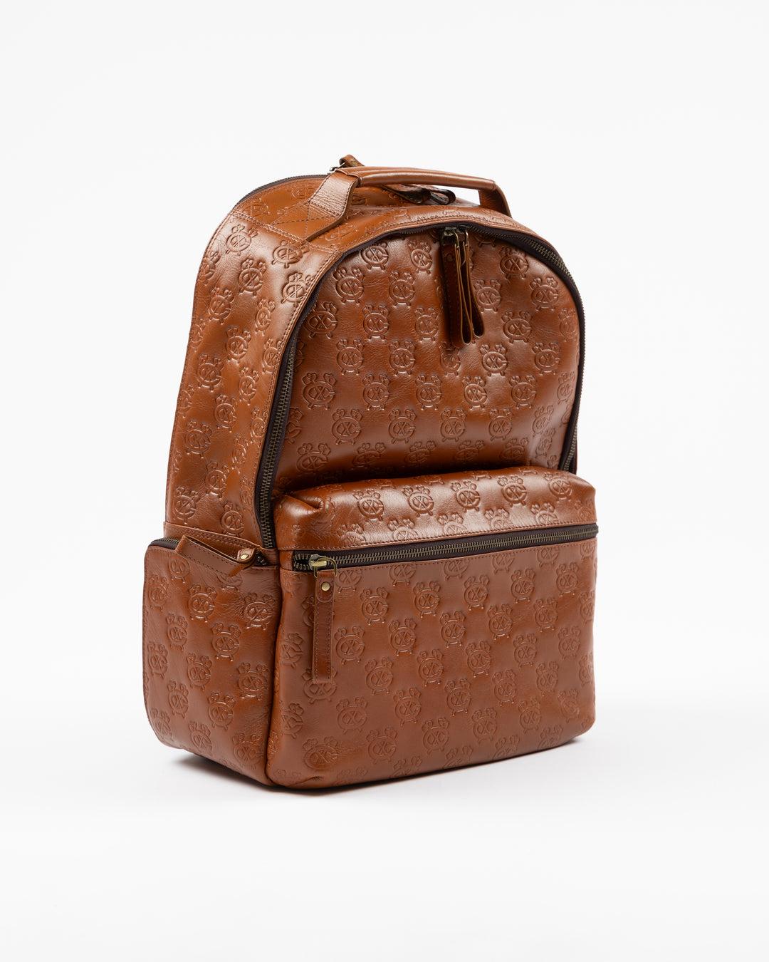 brown Lusso genuine leather backpack with embossed Chicago Blackhawks secondary logos throughout - right angle lay flat