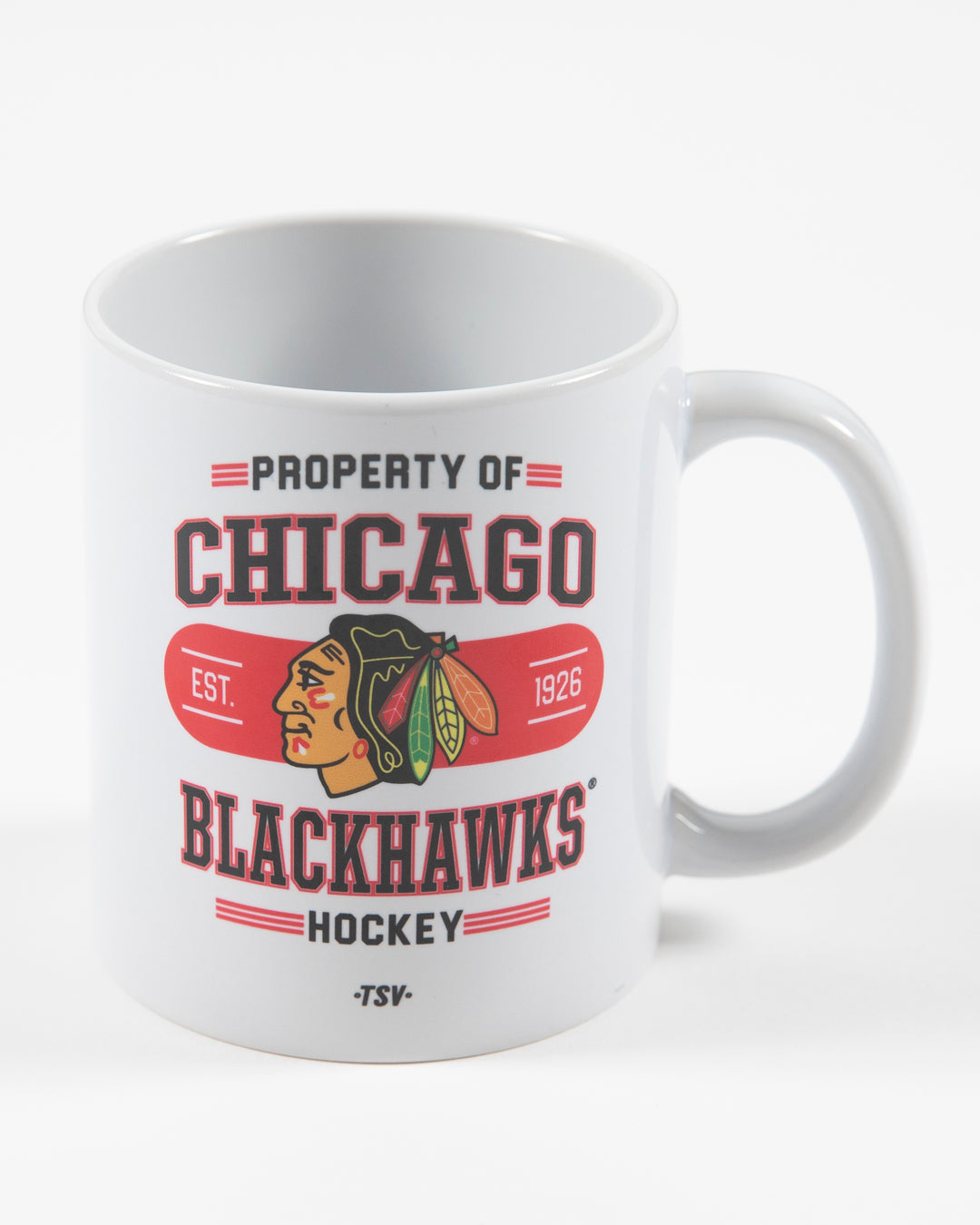 white Chicago Blackhawks property of mug with wordmark graphic across front - alt detail lay flat