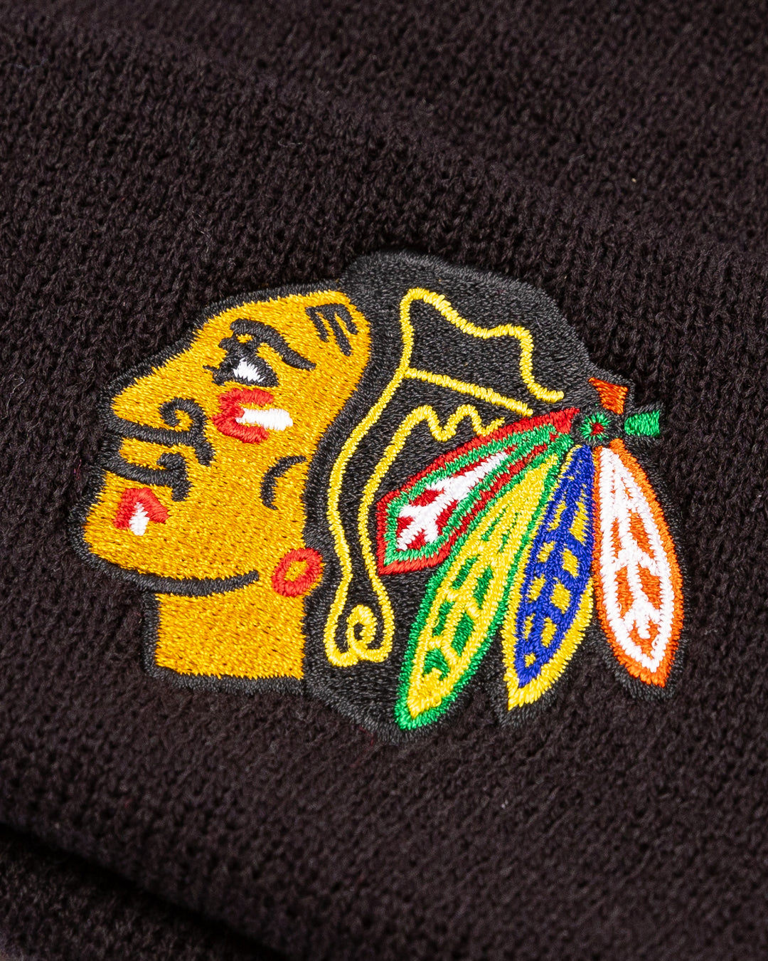 black Ameican Needle beanie with Chicago Blackhawks primary logo embroidered on cuff - detail lay flat