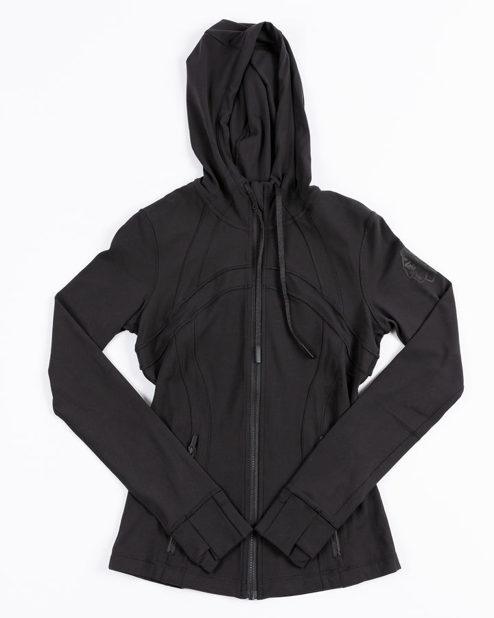 black lululemon hooded jacket with tonal Chicago Blackhawks logo printed on left shoulder - front lay flat