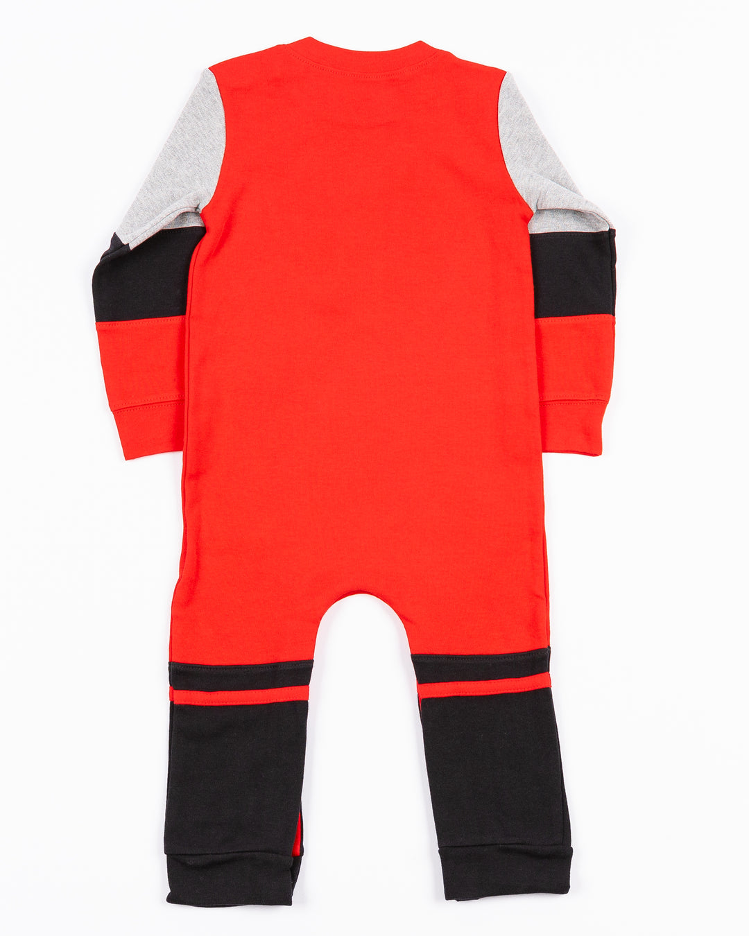 color blocked infant onesie with Chicago Blackhawks primary logo printed on front with snap closure - back lay flat