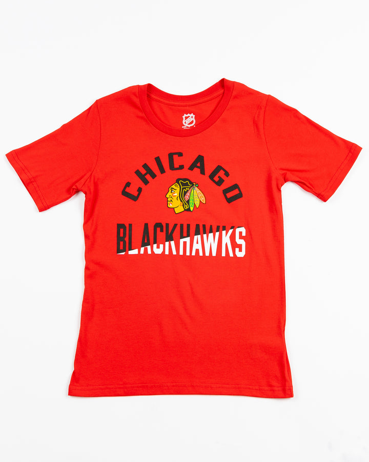 red youth tee with Chicago Blackhawks wordmark graphic surrounding primary logo - front lay flat