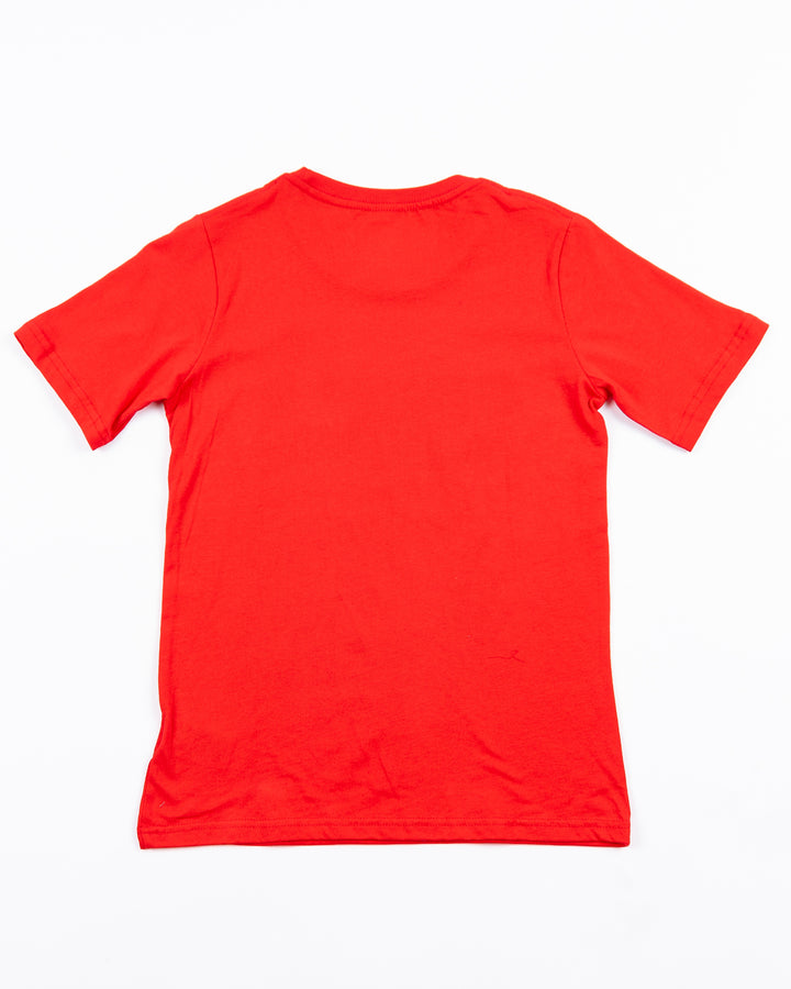 red youth tee with repeating Chicago Blackhawks wordmark and celly silhouette on front - back lay flat