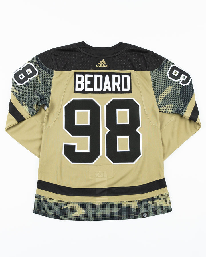 green camo adidas military appreciation Chicago Blackhawks jersey with pro stitched Connor Bedard name and number - back lay flat