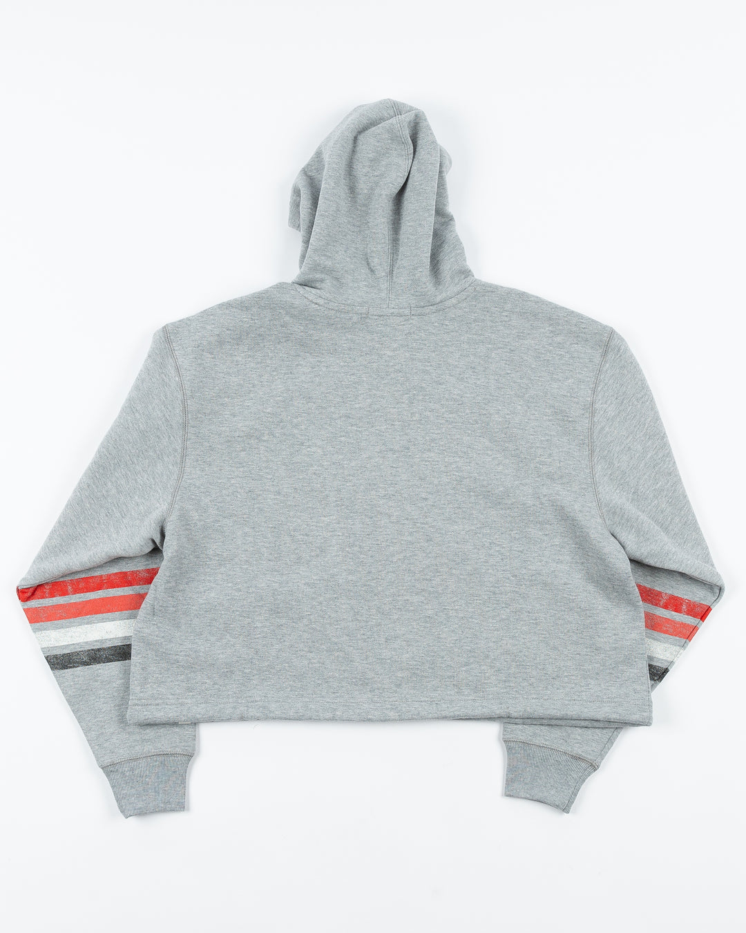 grey women's '47 brand cropped hoodie with Chicago Blackhawks wordmark and primary logo across front - back lay flat