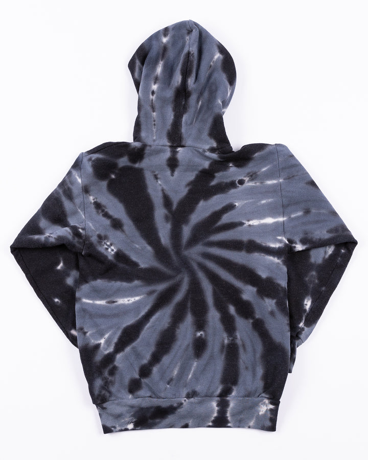 youth tie dye hoodie with Rockford IceHogs wordmark and Hammy graphic across front - back  lay flat