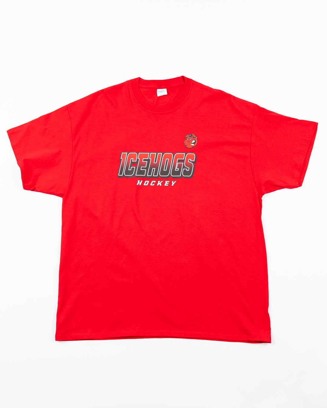 red Rockford IceHogs tee with wordmark and Hammy across front - front lay flat