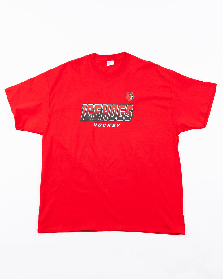 red Rockford IceHogs tee with wordmark and Hammy across front - front lay flat