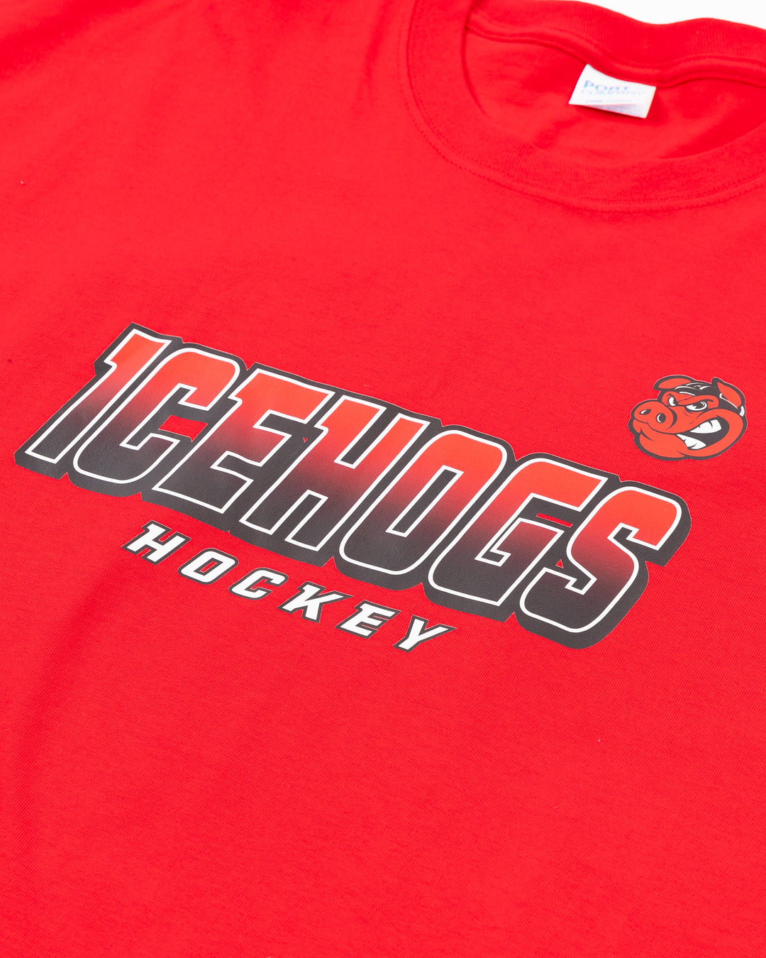 red Rockford IceHogs tee with wordmark and Hammy across front - detail lay flat