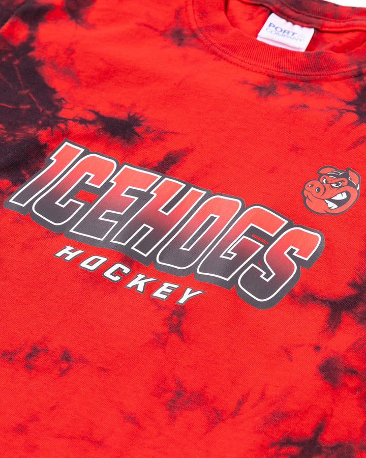 red and black tie dye Rockford IceHogs youth tee with wordmark and Hammy graphic - detail lay flat