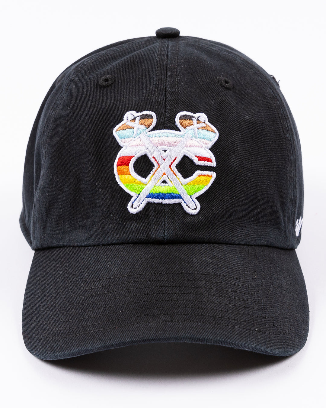 black '47 adjustable hat with Chicago Blackhawks secondary logo in pride colorway embroidered on the front - front lay flat