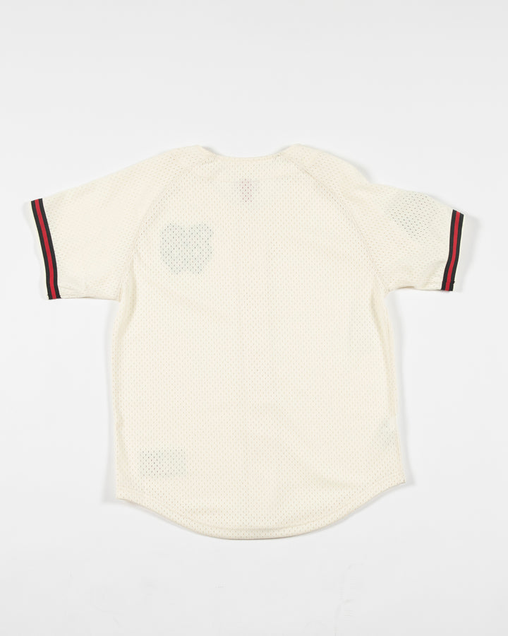 oatmeal Mitchell & Ness baseball inspired jersey with Chicago Blackhawks secondary logo on left chest and primary logo on right shoulder - back lay flat