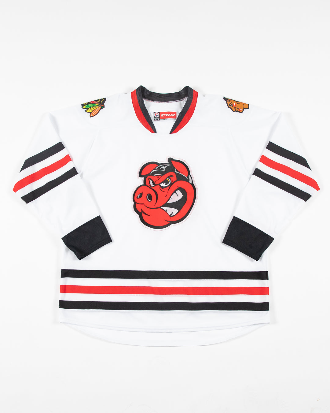 white CCM adult replica Rockford IceHogs jersey - front lay flat