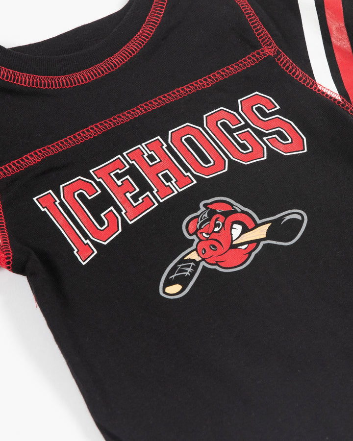 black and red Rockford IceHogs onesie and bib set - detail onesie lay flat