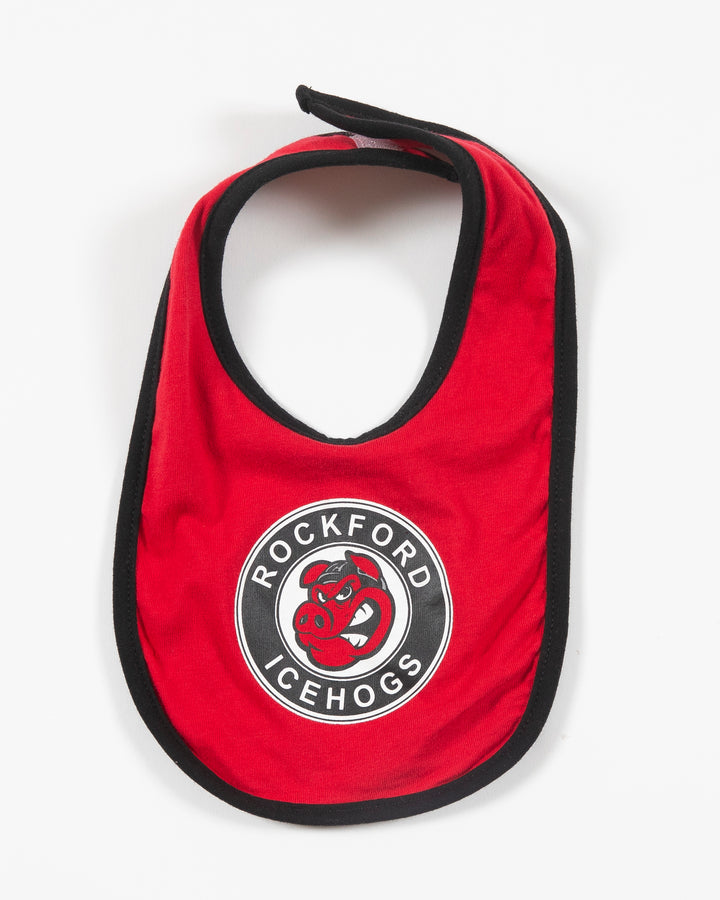 black and red Rockford IceHogs onesie and bib set - bib lay flat