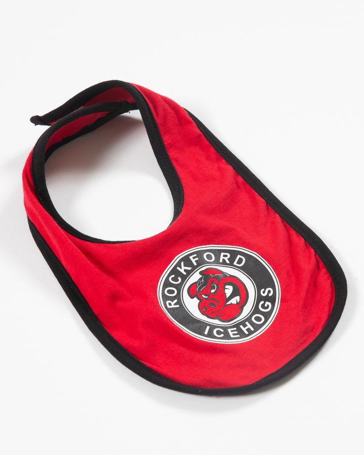 black and red Rockford IceHogs onesie and bib set - detail bib lay flat