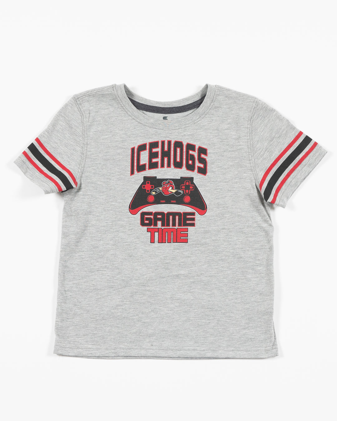 grey Colosseum youth tee with Rockford IceHogs Hammy and game controller inspired graphic across front - front lay flat