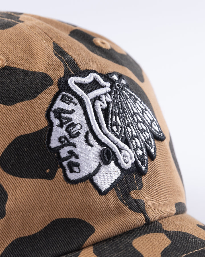 camel '47 brand women's adjustable cap with all over pattern and embroidered tonal Chicago Blackhawks primary logo across front - detail lay flat 