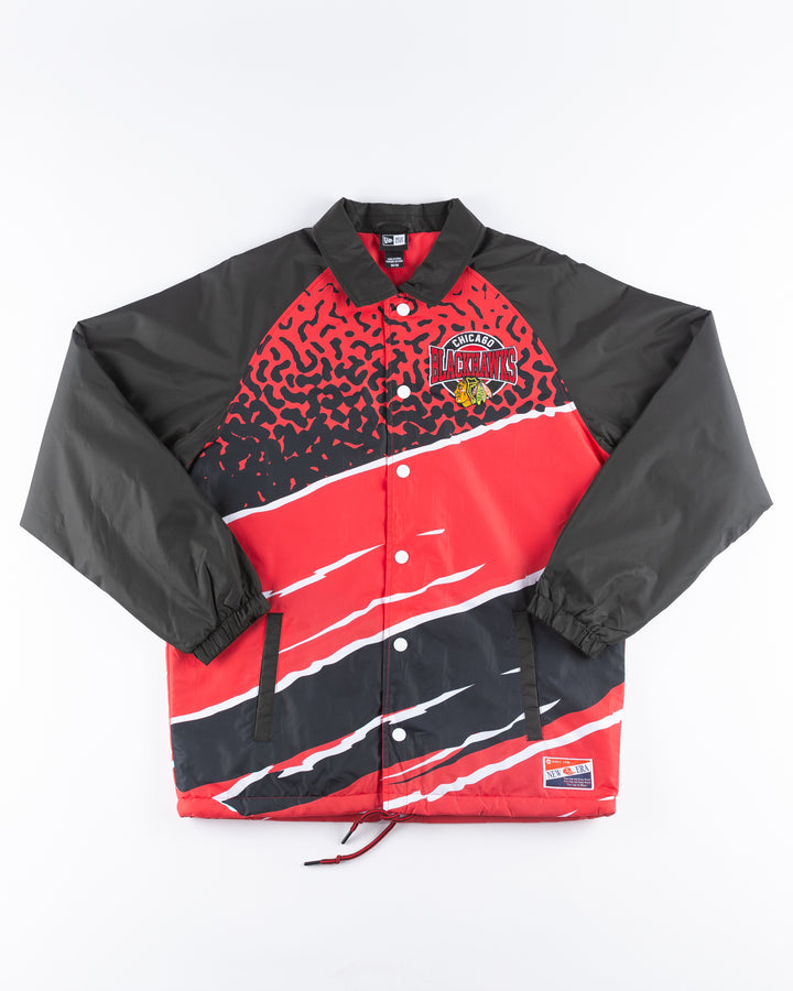 black and red New Era vintage coach inspired jacket with Chicago Blackhawks graphics on left chest and back - front lay flat