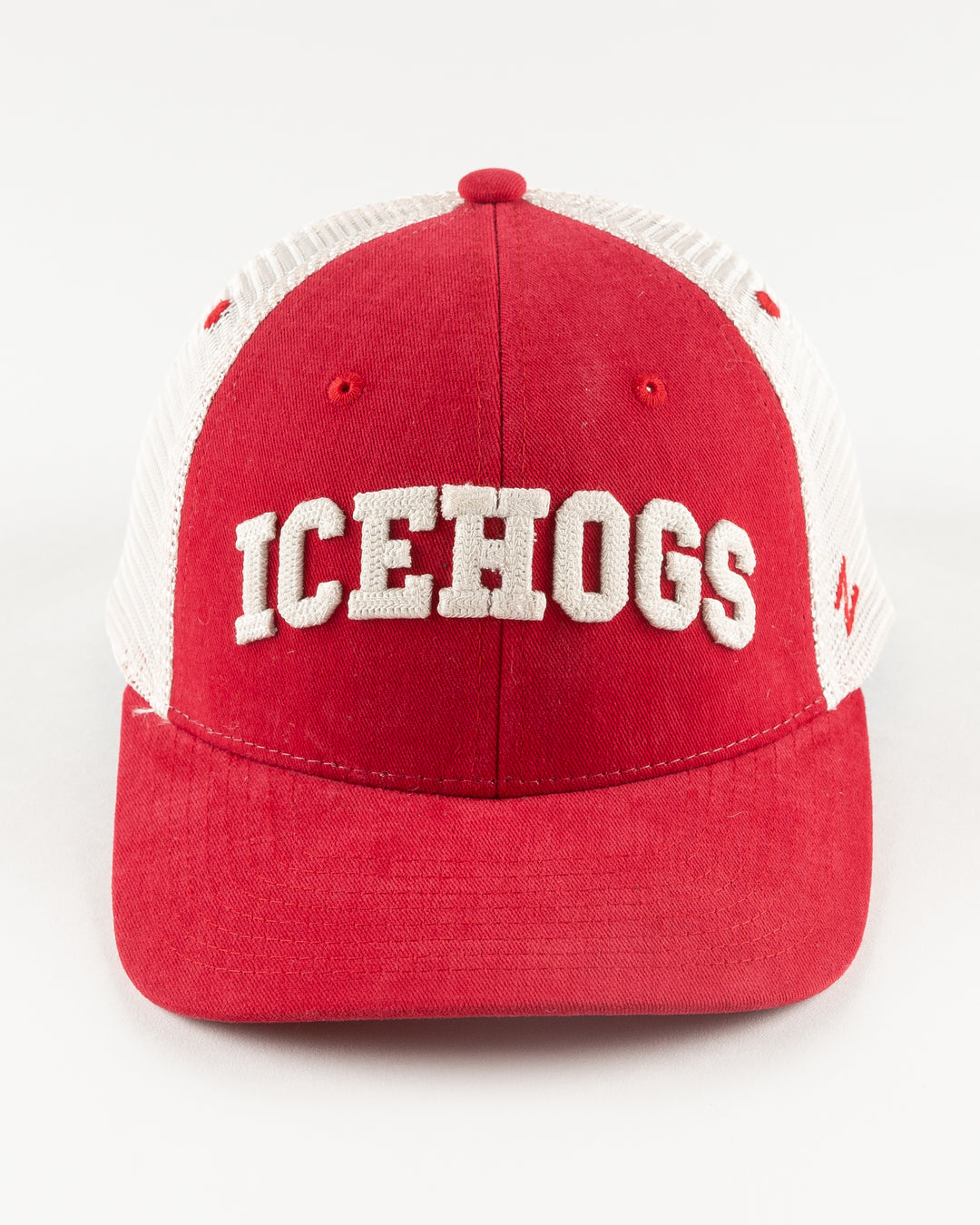 red and white Rockford IceHogs trucker with embroidered wordmark on front- front lay flat