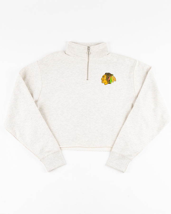 light grey chicka-d cropped quarter zip with Chicago Blackhawks primary logo on left chest - front lay flat