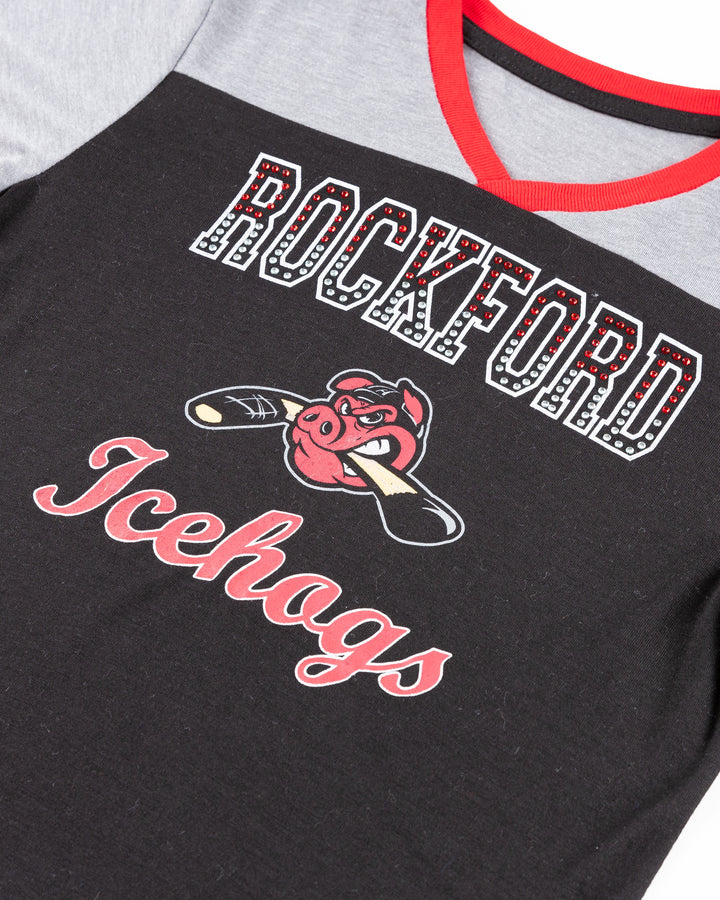 Colosseum Rockford IceHogs youth rhinestone v neck tee - detail lay flat