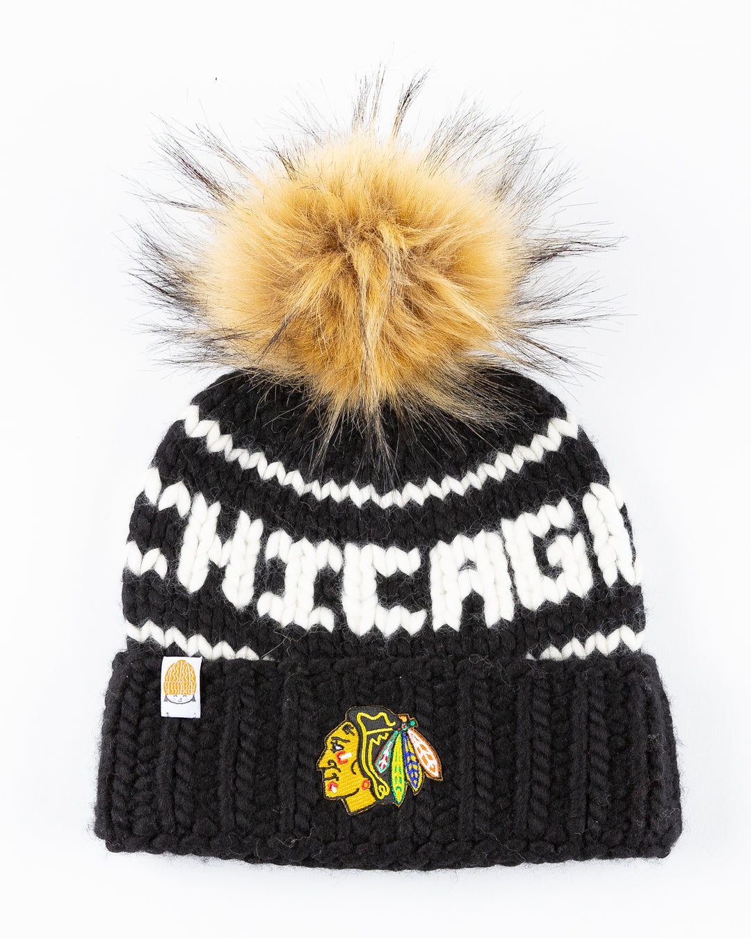 black Chicago Blackhawks beanie with detachable tan pom - front lay flat