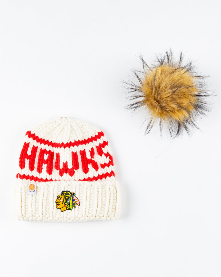 white Chicago Blackhawks knit beanie with detachable tan pom - alt detail lay flat