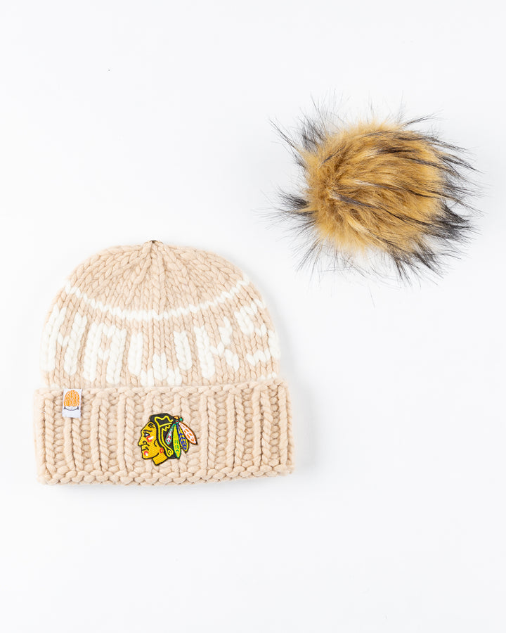 camel Chicago Blackhawks knit beanie with detachable tan pom - alt detail lay flat