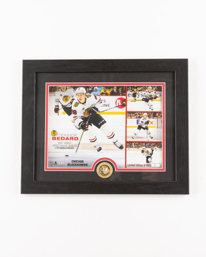 framed Highland Mint image and coin commemorating Connor Bedard's NHL Debut for the Chicago Blackhawks - front lay flat 