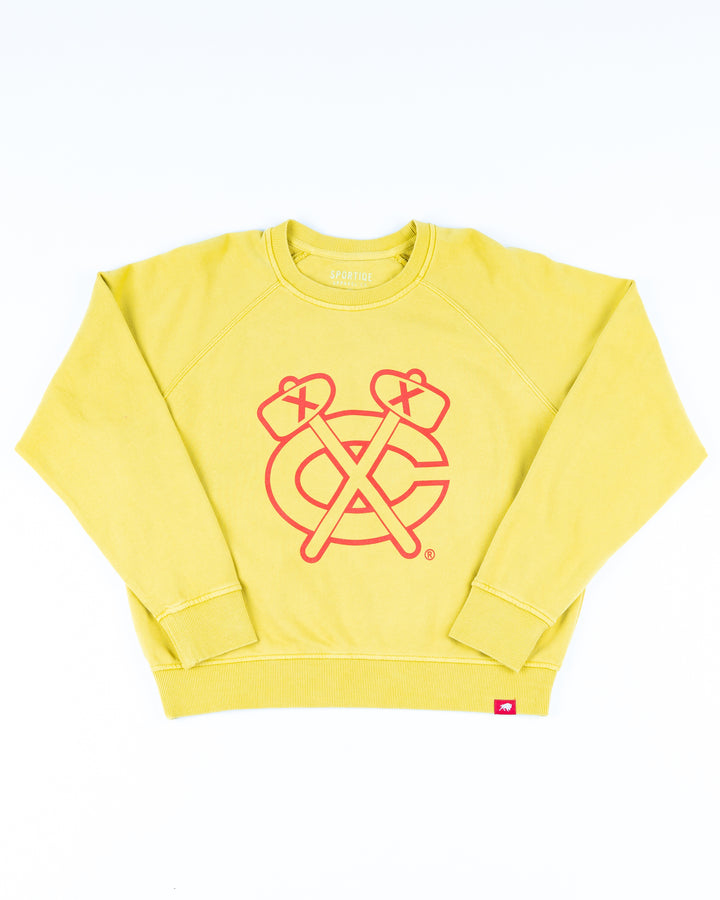 yellow Sportiqe ladies crewneck with Chicago Blackhawks secondary logo on front - front lay flat