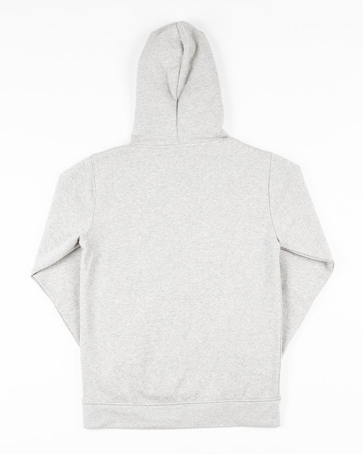 grey hoodie with Chicago wordmark and Chicago Blackhawks four feathers logo embroidered across front - back lay flat