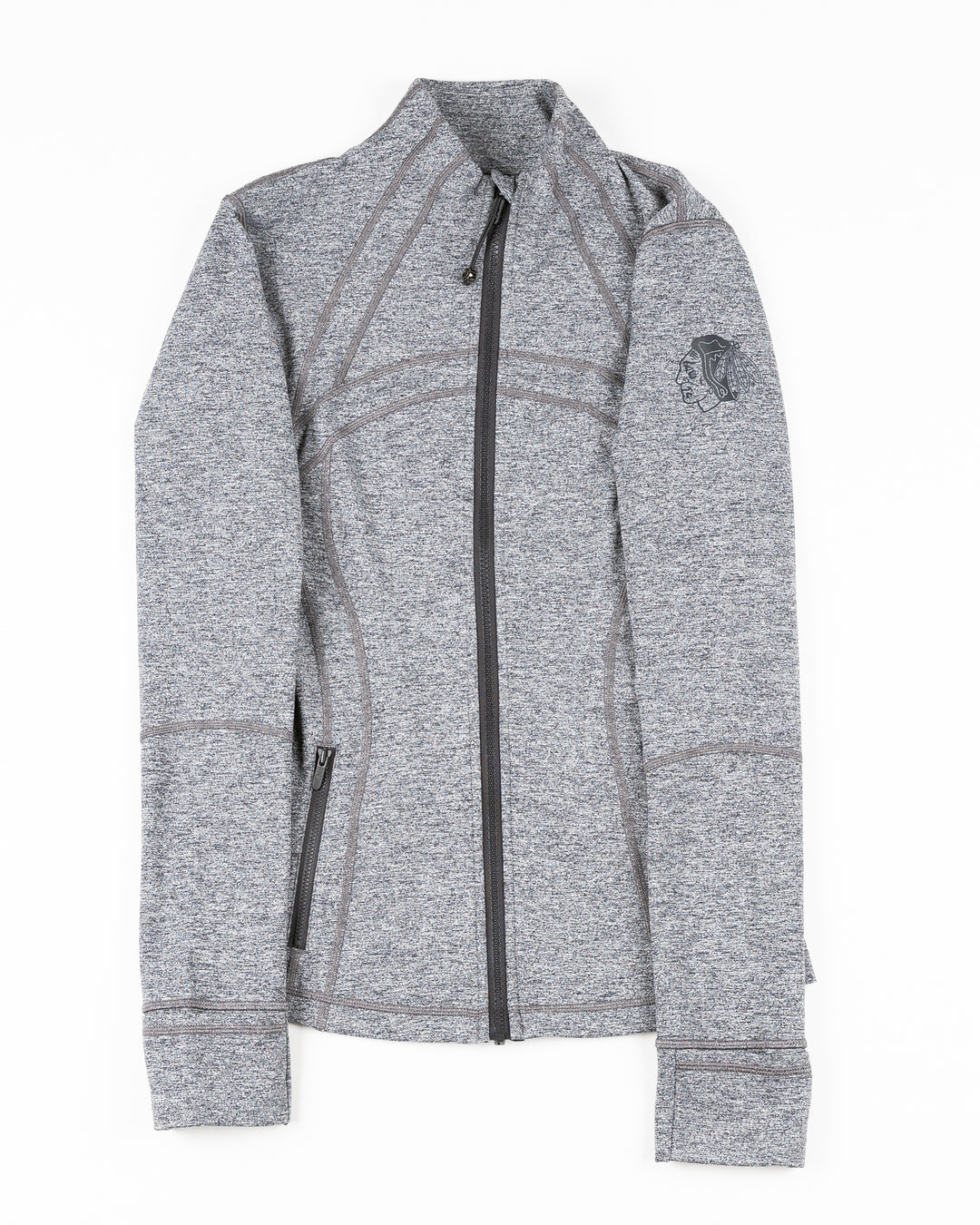 grey lululemon zip up women's jacket with tonal Chicago Blackhawks primary logo printed on left shoulder - front lay flat