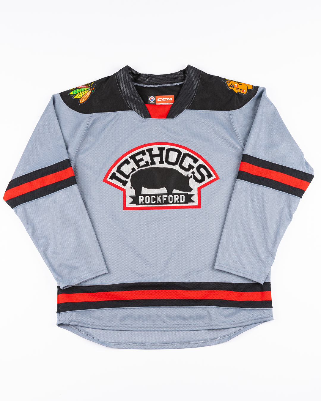 gray CCM Rockford IceHogs jersey - front lay flat