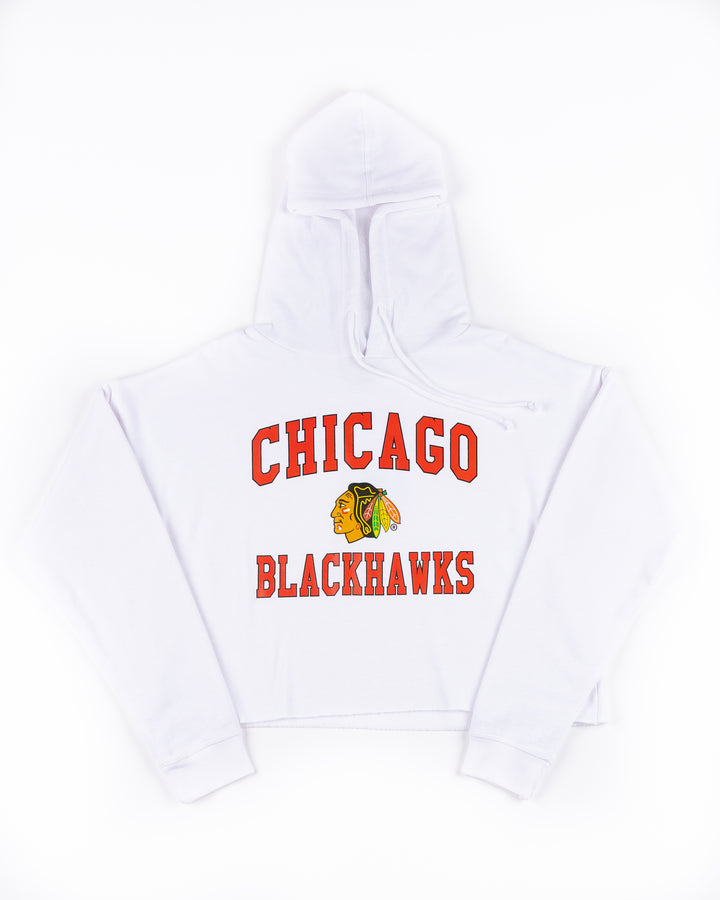 cropped white chicka-d ladies hoodie with Chicago Blackhawks wordmark and primary logo graphic across chest - front lay flat