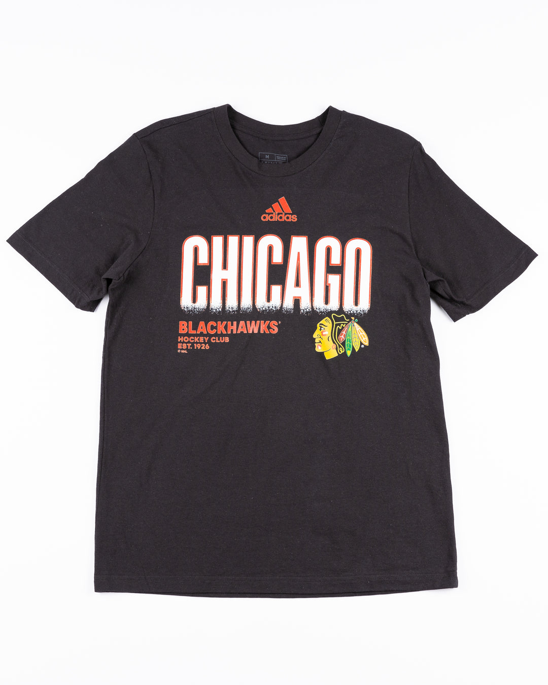 black adidas short sleeve tee with Chicago Blackhawks primary logo - front lay flat