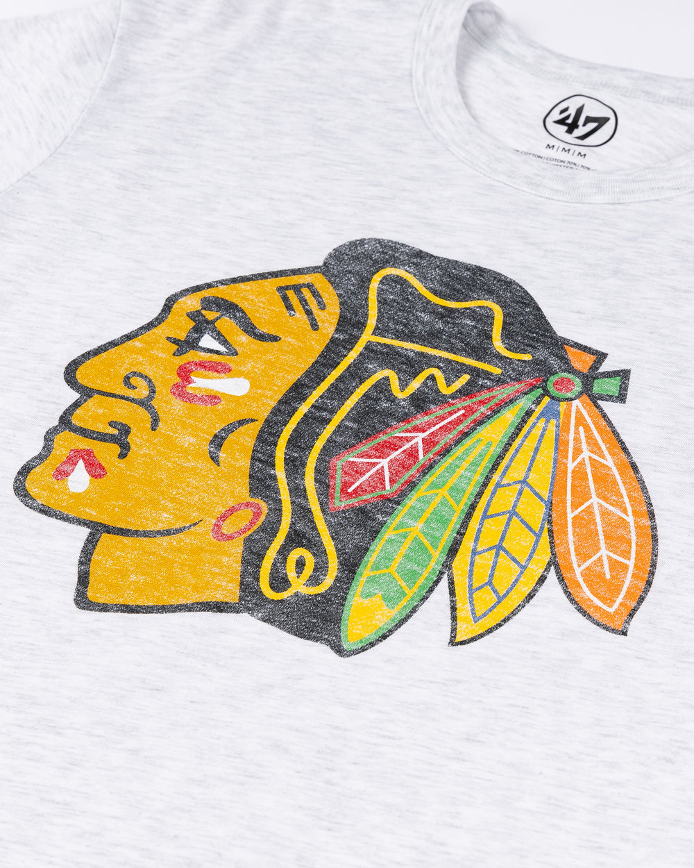 grey '47 brand tee with vintage distressed Chicago Blackhawks primary logo across chest - front detail lay flat