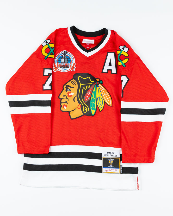 red vintage inspired youth Mitchell & Ness Chelios jersey - front lay flat 