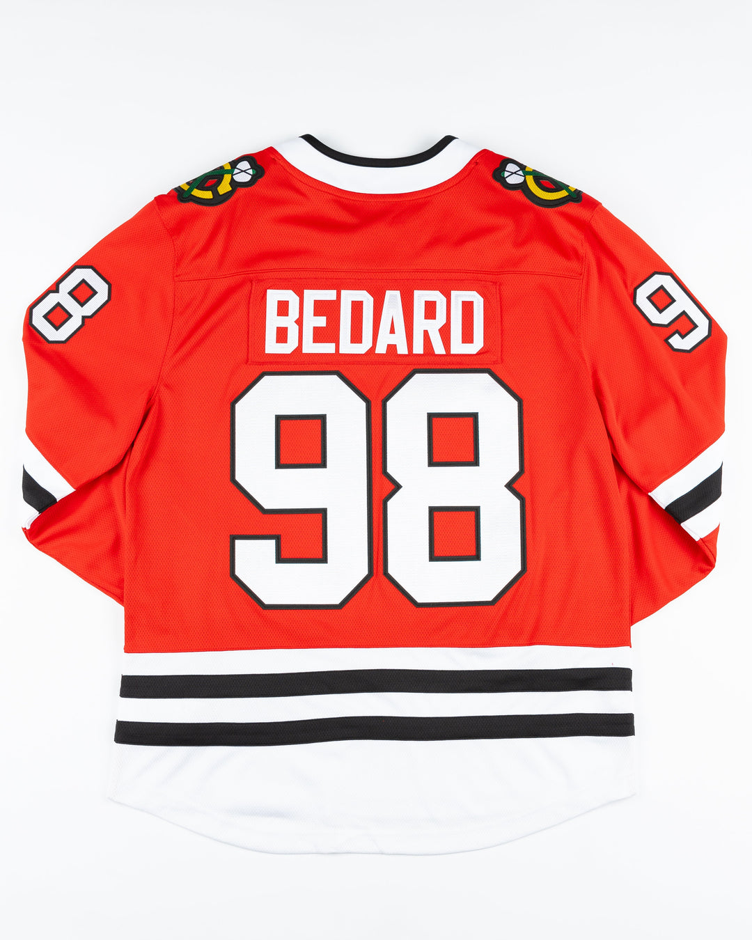 red Fanatics replica Chicago Blackhawks jersey with Connor Bedard name and number - back lay flat