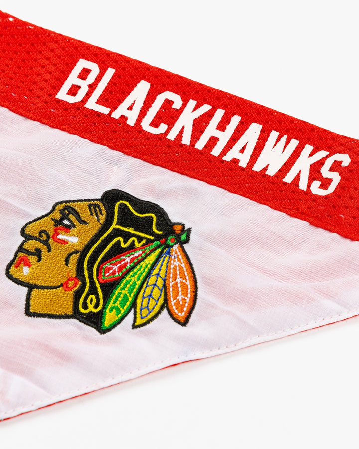 reversible red and white Chicago Blackhawks pet bandana - detail lay flat