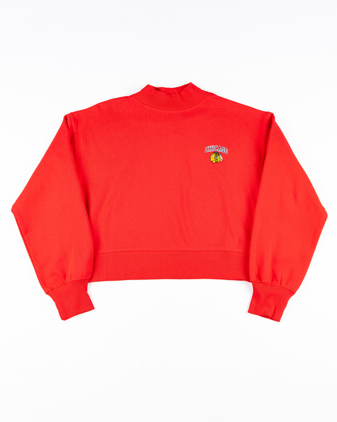 red cropped mock neck chicka-d long sleeve with embroidered Chicago Blackhawks wordmark and primary logo on left chest - front lay flat