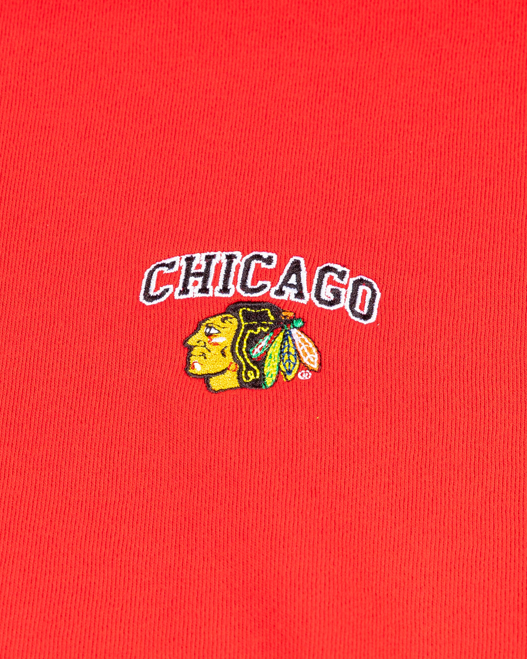 red cropped mock neck chicka-d long sleeve with embroidered Chicago Blackhawks wordmark and primary logo on left chest - detail lay flat