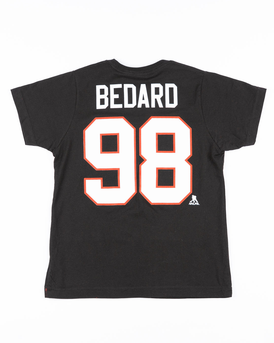 black Chicago Blackhawks youth tee with Connor Bedard name and number - back lay flat