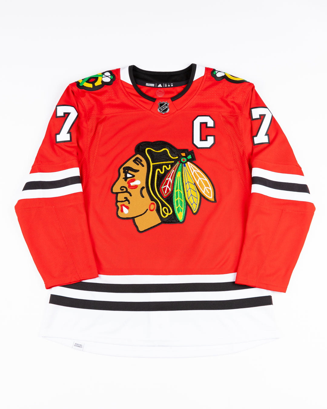 red adidas Chicago Blackhawks jersey with Chris Chelios name and number - front lay flat