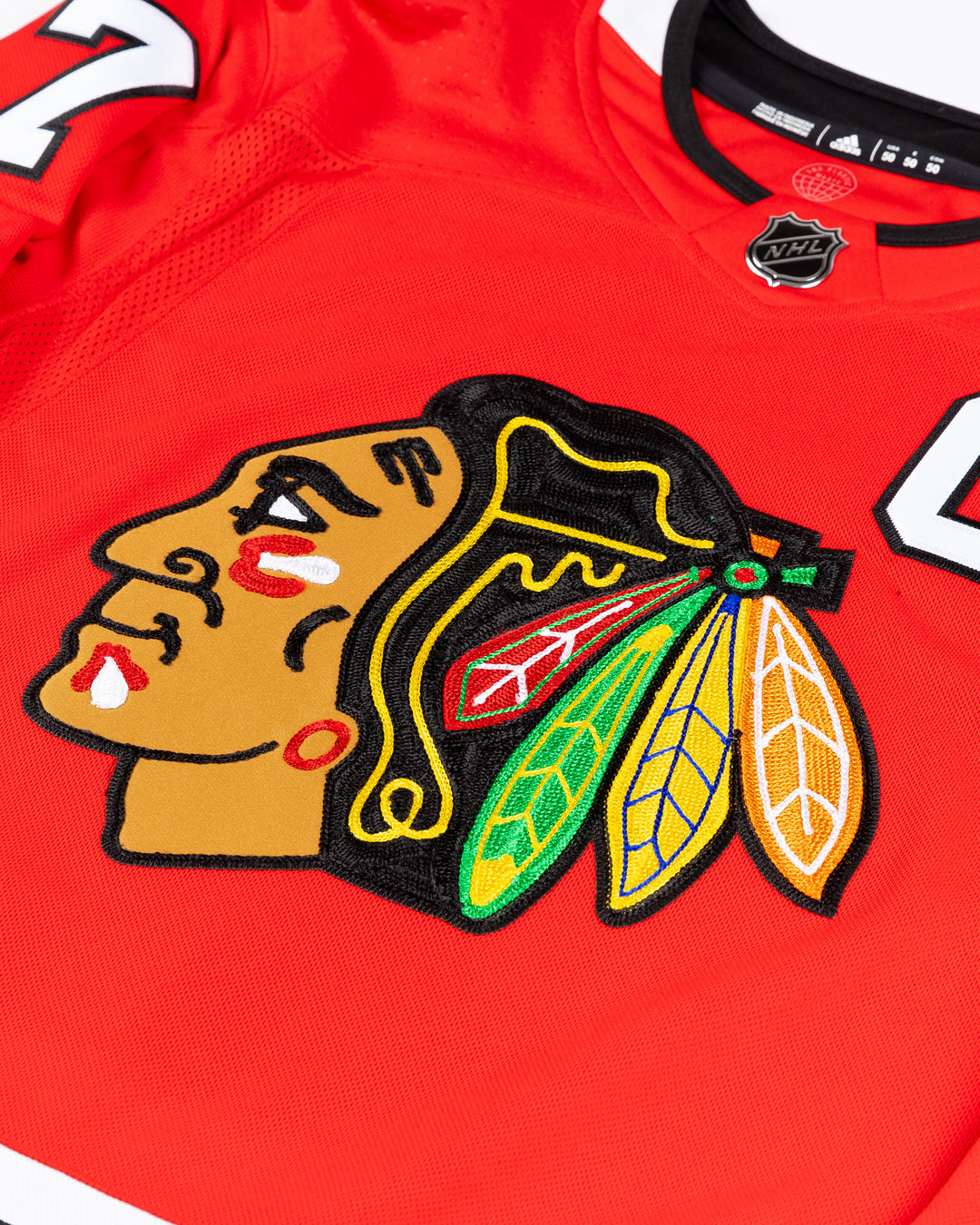 red adidas Chicago Blackhawks jersey with Chris Chelios name and number - front detail lay flat