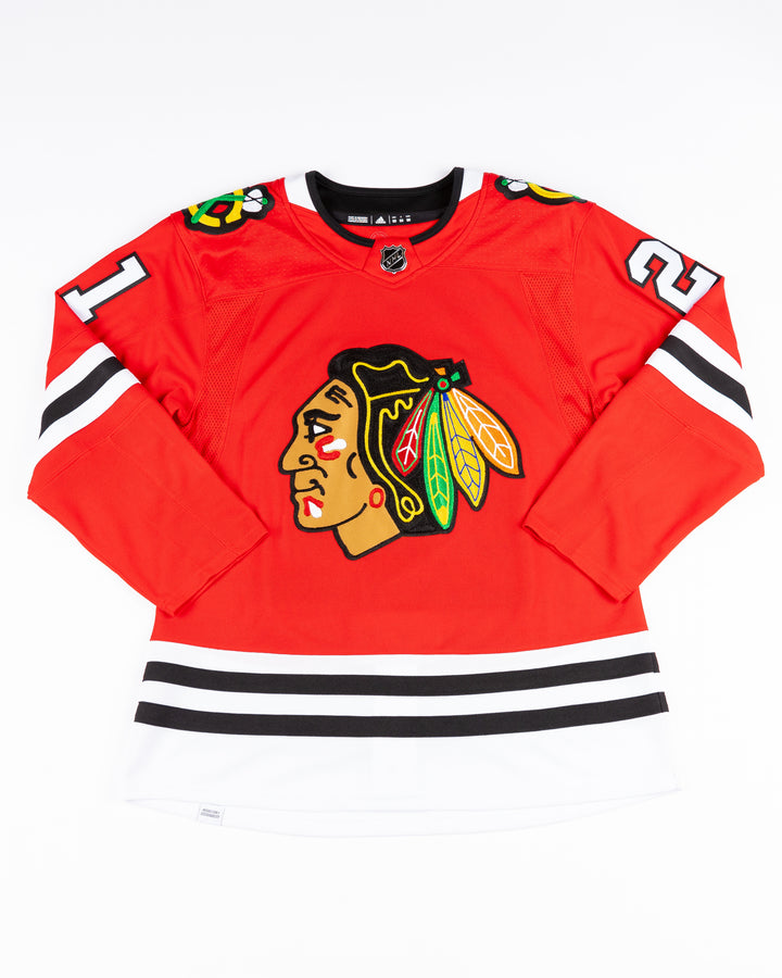 red adidas Chicago Blackhawks jersey with Stan Mikita name and number stitched - front lay flat