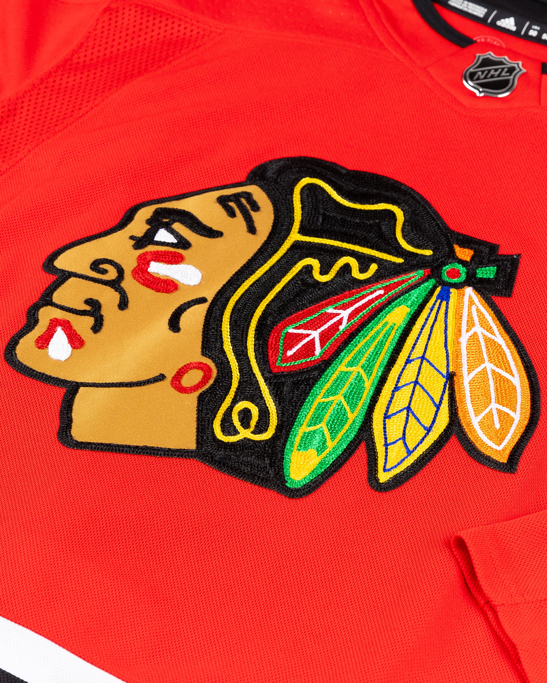 red adidas Chicago Blackhawks jersey with Stan Mikita name and number stitched - front lay flat