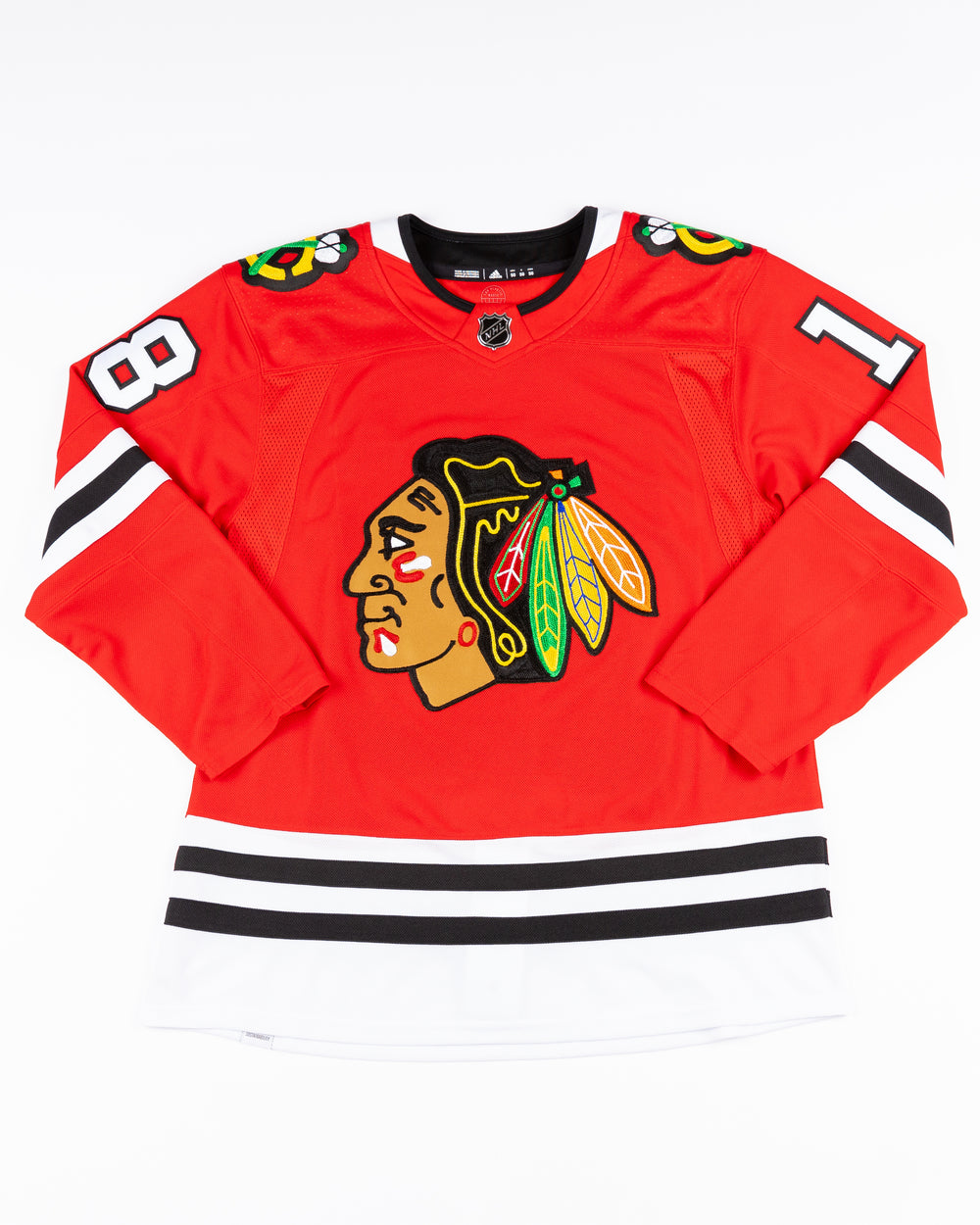 red adidas Chicago Blackhawks jersey with Dennis Savard name and number stitched - front lay flat