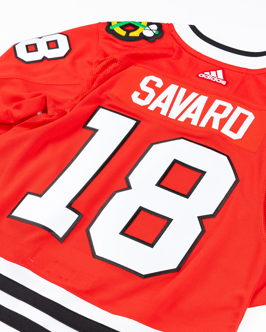 red adidas Chicago Blackhawks jersey with Dennis Savard name and number stitched - back detail lay flat